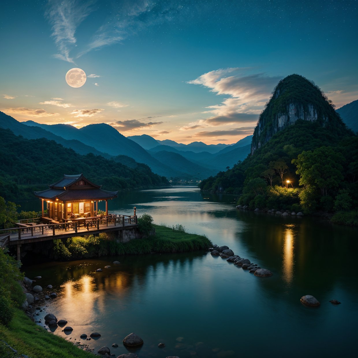 night scene with some house asian, vietnam, viet nam, ha giang, moon, lake in the foreground, calm night, green and blue, digital illustration, 4k highly detailed digital art, night scenery, anime art wallpaper 4k, anime art wallpaper 4 k, 4k detailed digital art, nighttime nature landscape, anime art wallpaper 8 k, background artwork, beautiful art uhd 4 k, 4 k hd illustrative wallpaper