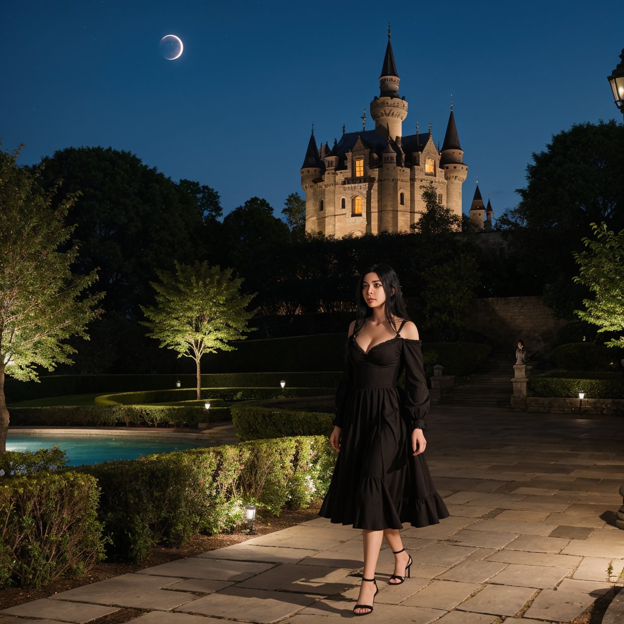A girl with black hair walking in the castle garden on full moon night