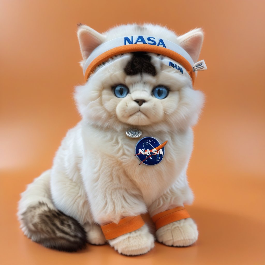 qwe dolly cat with shinny bright fur(biopunk style, giger style:0.86), gloomy,  photo of young dolly fluffy cat, wearing a nasa vest costume, face, white, shinny fur,blue eyes, young body, 8k resolution, high quality, film grain, orange headband, orange leg bands, , looking at the viewer, air plane background , blue eyes, clear logo,adorable ,Asian Girl