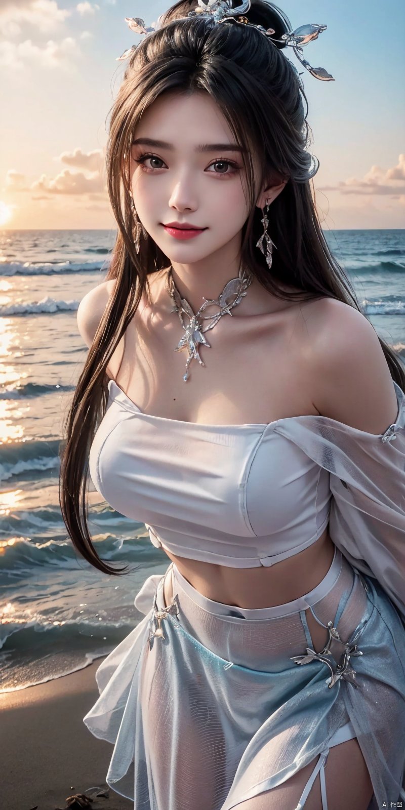  (Good structure),cowboy_shot, DSLR Quality,Depth of field ,looking_at_viewer,Dynamic pose, , kind smile,,
1girl, solo, long hair, , looking at viewer, skirt, hair ornament, bare shoulders, jewelry, , black hair, earrings, outdoors, midriff, water, necklace, lips, crop top, grey eyes, leaning forward, ocean, white skirt, strapless vest, sunset, sun, , luxueqi