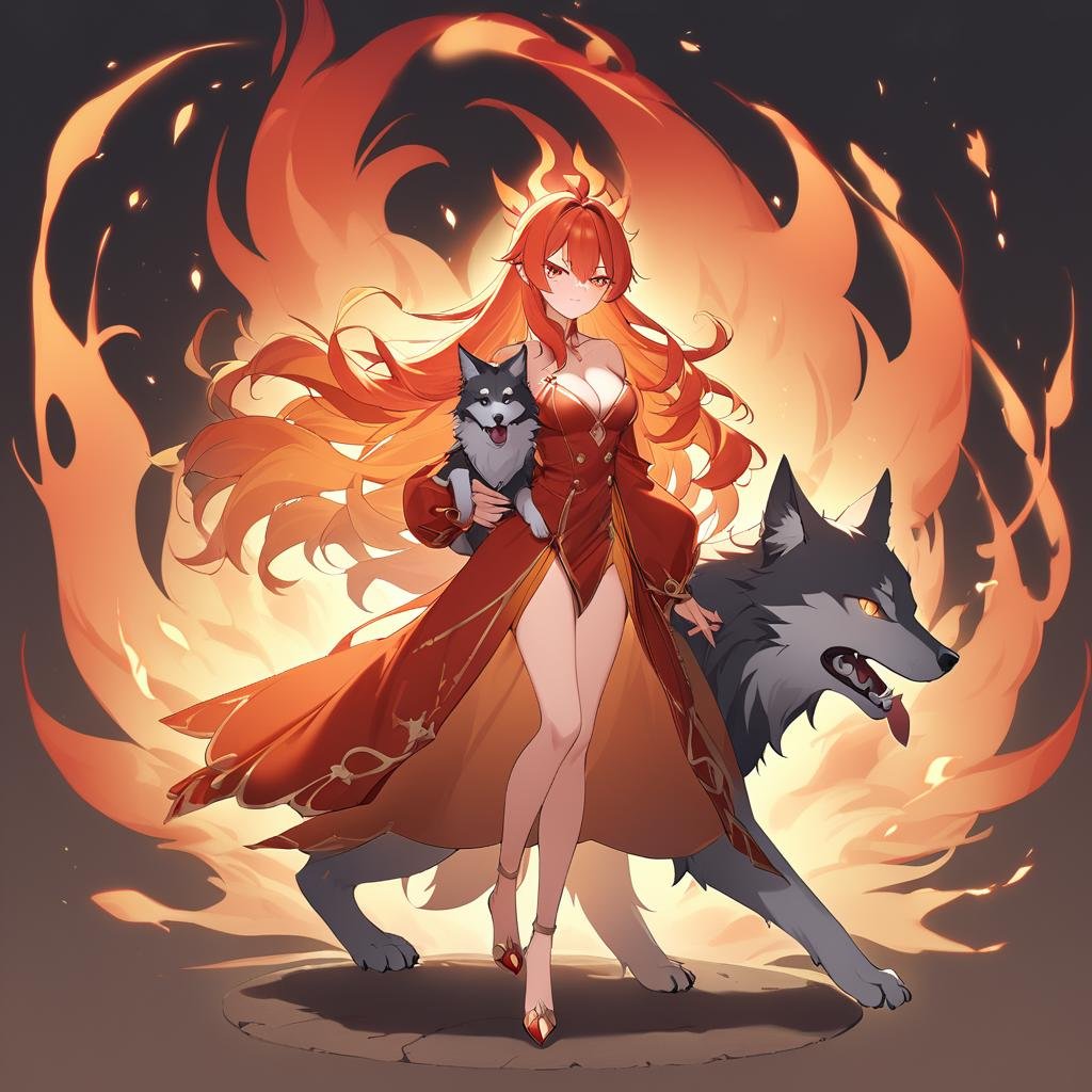 1girl, <lora:LinaSDXL:.6> Lina, fiery hair, full body, red and gold dress, cleavage, hugging a wolf