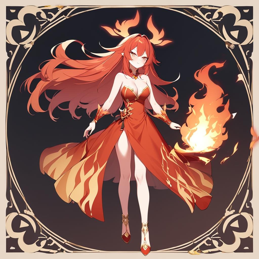 1girl, <lora:LinaSDXL:.6> Lina, fiery hair, full body, red and gold dress, cleavage