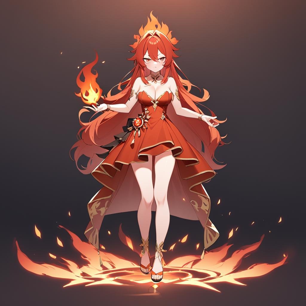 1girl, <lora:LinaSDXL:.6> Lina, fiery hair, full body, red and gold dress, cleavage