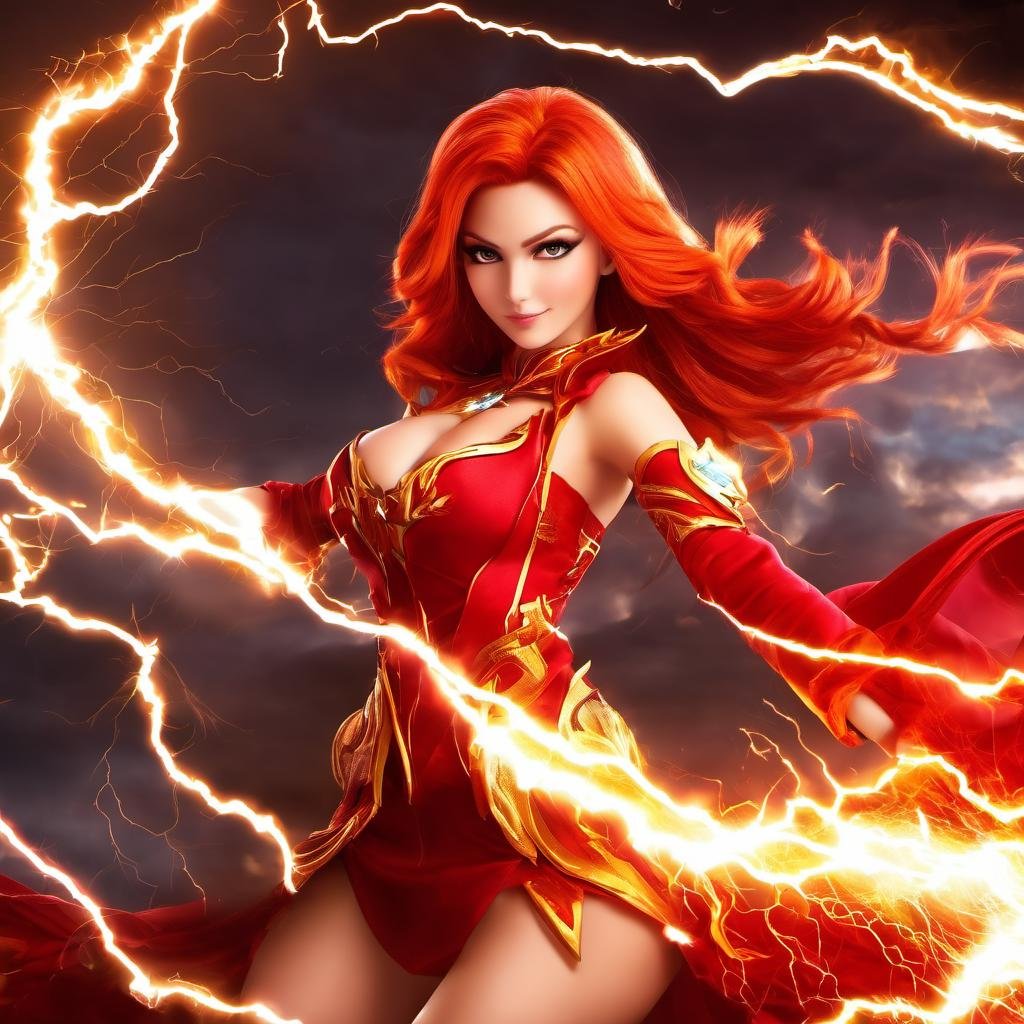 1girl, <lora:LinaSDXL:.6> Lina, fiery hair, full body, red and gold dress, cleavage, shooting lightning from her finger