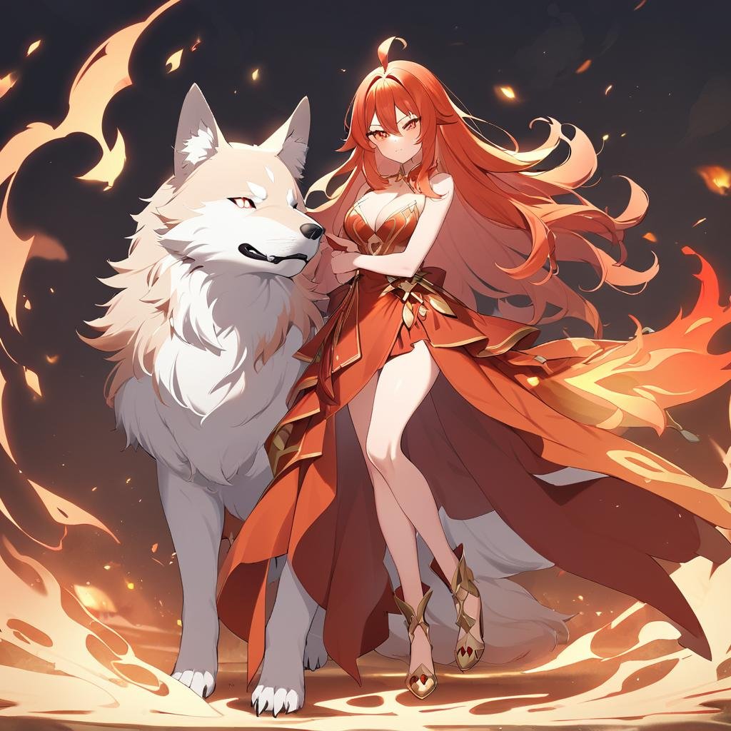 1girl, <lora:LinaSDXL:.6> Lina, fiery hair, full body, red and gold dress, cleavage, hugging a wolf