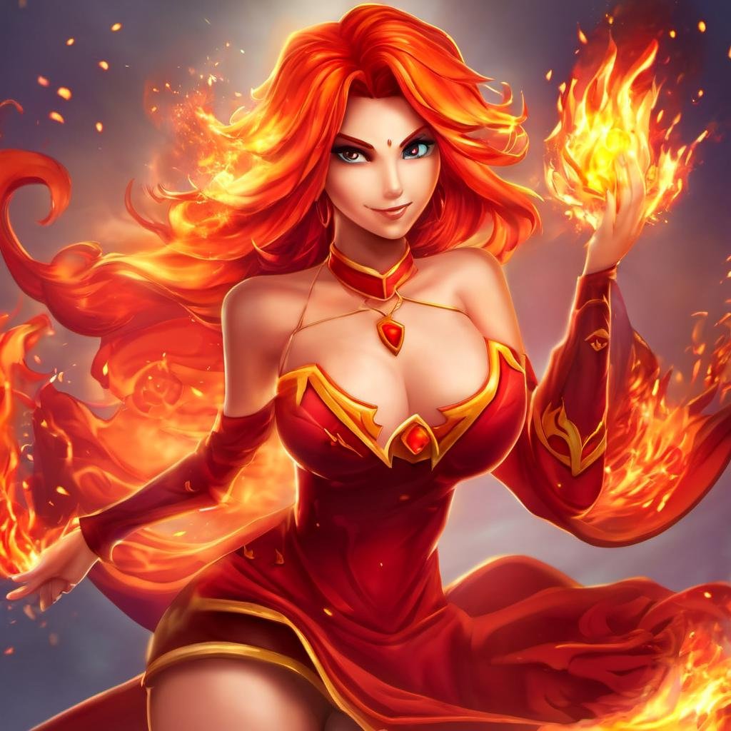 1girl, <lora:LinaSDXL:.9> Lina, fiery hair, full body, dress, cleavage