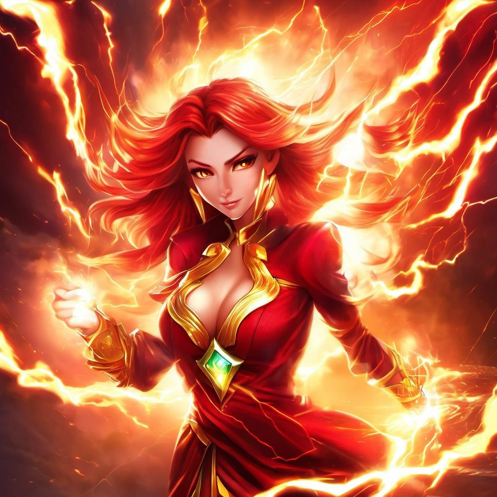 1girl, <lora:LinaSDXL:.6> Lina, fiery hair, full body, red and gold dress, cleavage, shooting lightning from her finger