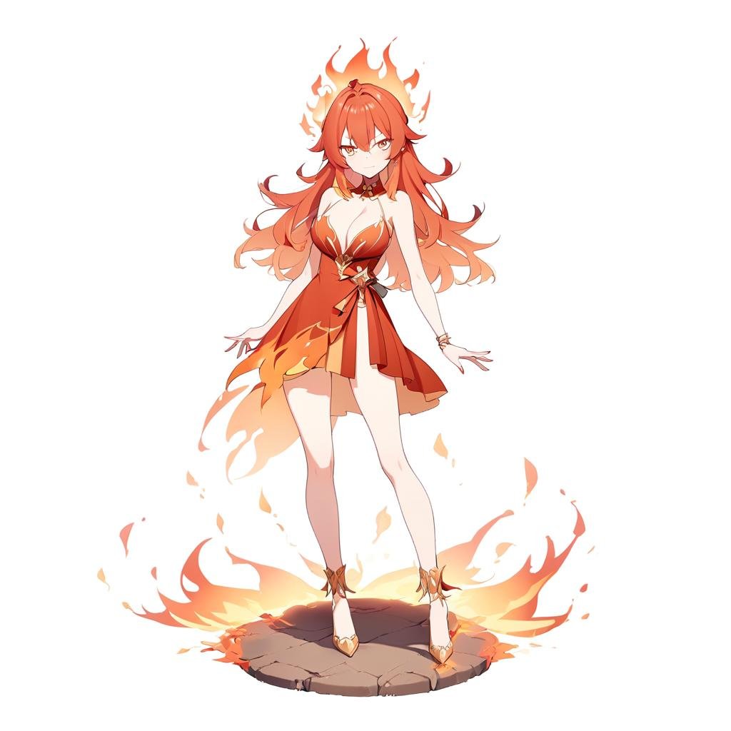 1girl, <lora:LinaSDXL:.6> Lina, fiery hair, full body, red and gold dress, cleavage