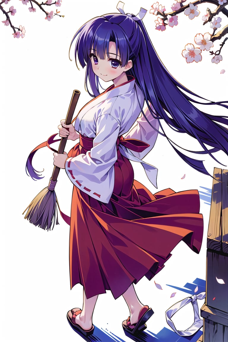 (masterpiece:1.3),best quality,1girl, (best quality, best quality: 1.3), (sharp quality), blue-purple hair, long hair, white ribbon, miko costume, red hakama, holding broom, shrine grounds, torii gate,  sunny day, best smile, woman cleaning, beautiful view,Many cherry blossom petals,Angle from bottom, blue sky,full_body
