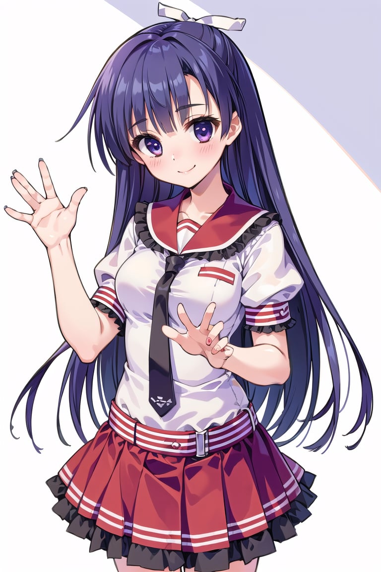 (masterpiece:1.3),best quality,1girl, (best quality, best quality: 1.3), (sharp quality), blue-purple hair, long hair, white ribbon,school_uniforms, brown tie,black frills collar, Short sleeves,red skirt,best smile, waving hand ,Simple Sakura