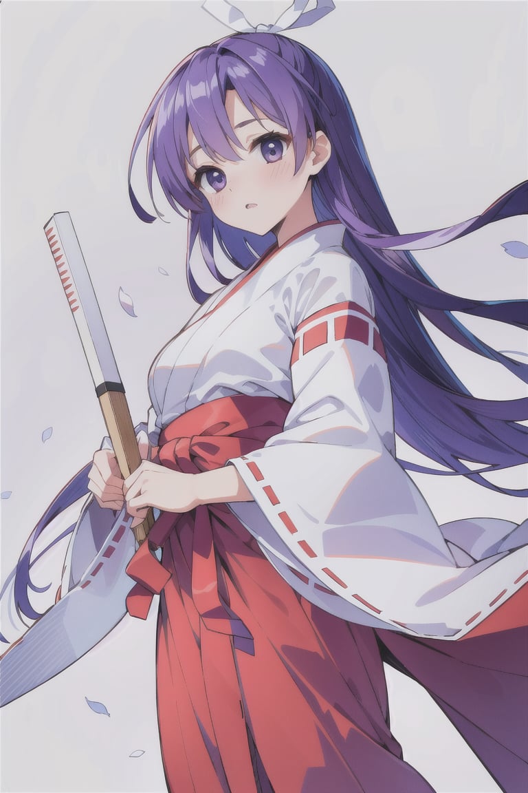 (masterpiece:1.3),best quality,1girl, (best quality, best quality: 1.3), (sharp quality),  blue-purple hair, long hair, white ribbon, miko costume, red hakama, ,Simple Sakura,Sakura background