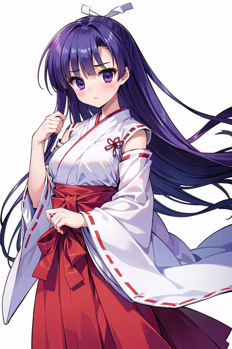 (masterpiece:1.3),best quality,1girl, (best quality, best quality: 1.3), (sharp quality),  blue-purple hair, long hair, white ribbon, miko costume, red hakama,Simple Sakura