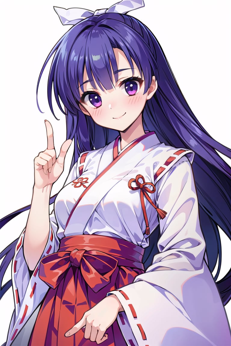 (masterpiece:1.3),best quality,1girl, (best quality, best quality: 1.3), (sharp quality),  blue-purple hair, long hair, white ribbon, miko costume, red hakama,the best smile,Stand one index finger,pink hart mark,empty_background
