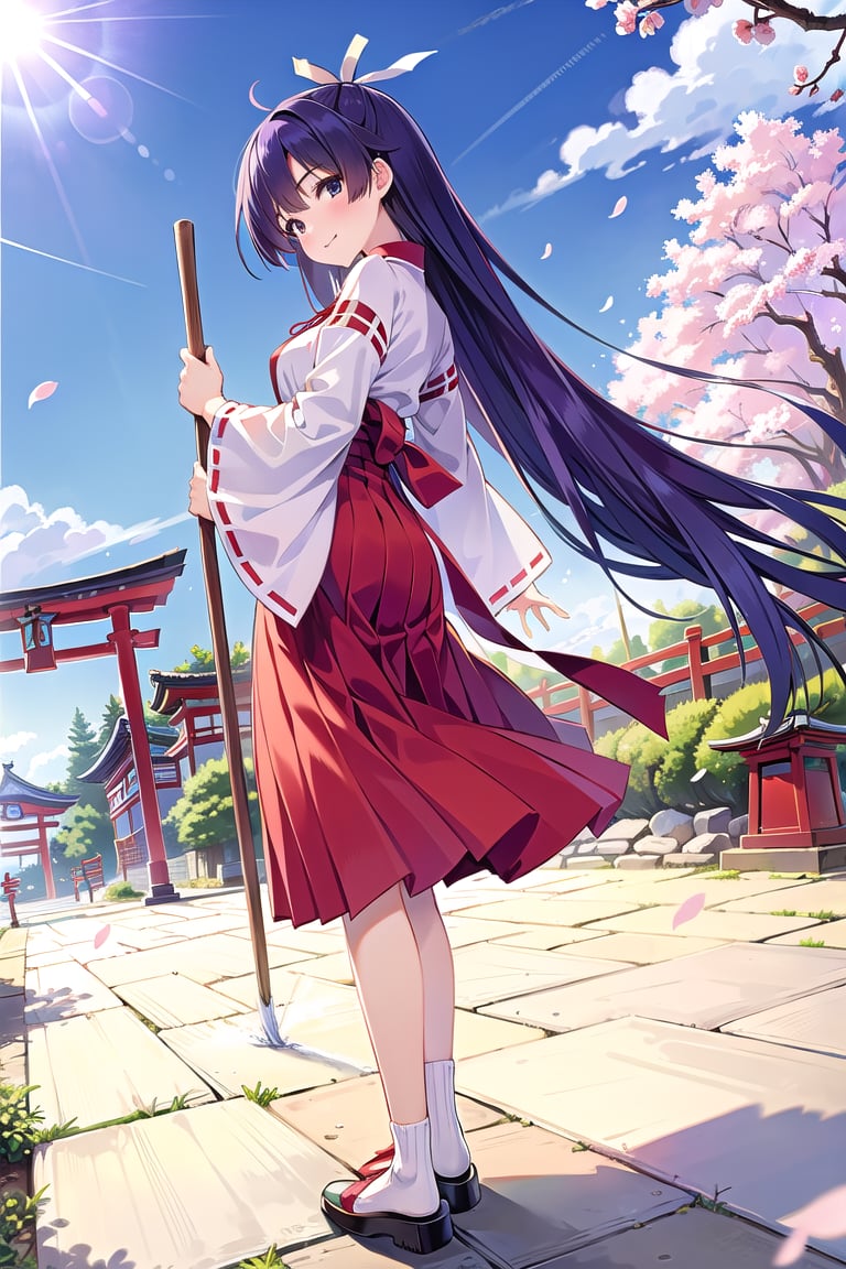 (masterpiece:1.3),best quality,1girl, (best quality, best quality: 1.3), (sharp quality), blue-purple hair, long hair, white ribbon, miko costume, red hakama, holding broom, shrine grounds, torii gate,  sunny day, best smile, woman cleaning, beautiful view,Many cherry blossom petals,Angle from bottom, blue sky,full_body