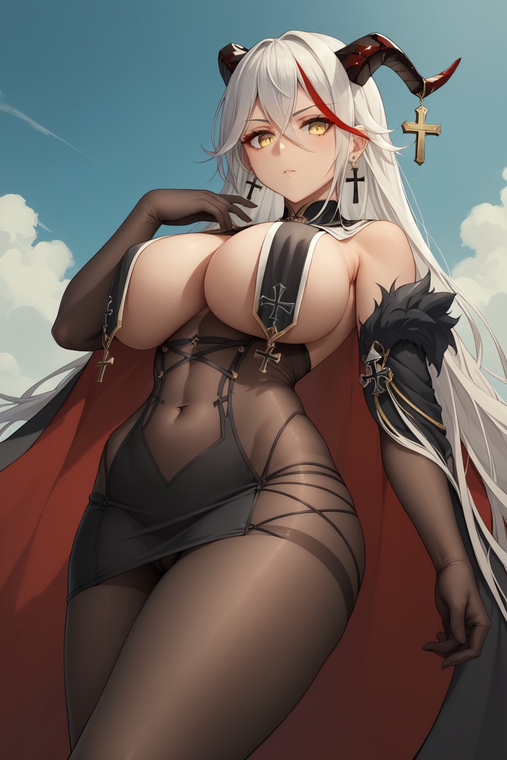 score_9_up,score_8_up,score_7_up,agirai,yellow eyes, white hair, horns, hair on horn, red hair, multicolored hair, two-tone hair, streaked hair, very long hair, long hair, hair between eyes, demon horns, breasts, bangs, curvy, large breasts,iron cross, cross earrings, cleavage, bare shoulders, jewelry, thighs, earrings, covered navel, cross, cape, black cape, red cape, skin tight, gloves, black skirt, impossible clothes, underbust, bodystocking, cross-laced clothes, breast curtains, pantyhose, skirt, black panties, aegir \(azur lane\)