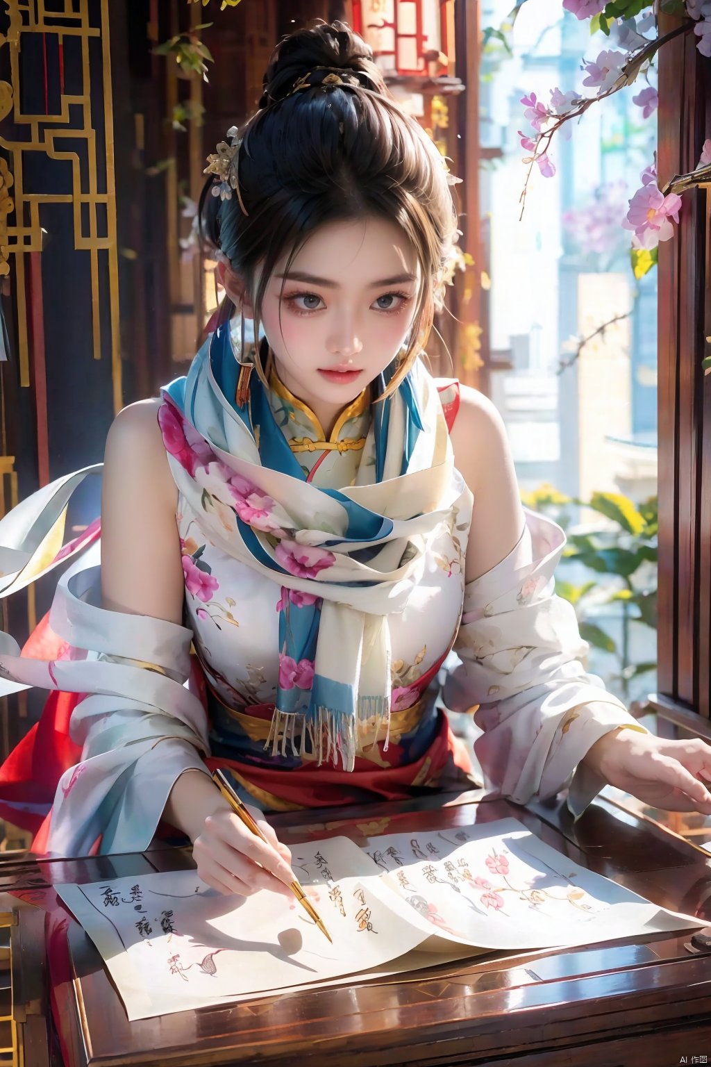  1girl,Chinese dress, table, scarf, wind, tea cup, Ancient architecture, calligraphy, pen,flower branch