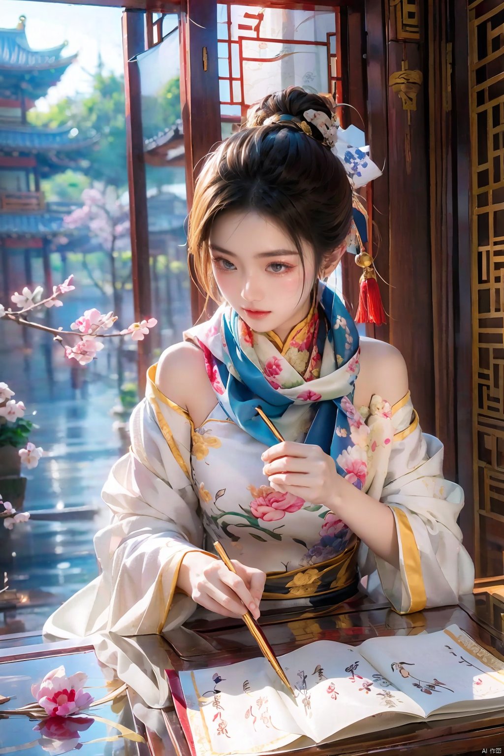  1girl,Chinese dress, table, scarf, wind, tea cup, Ancient architecture, calligraphy,pavilion, pen,flower branch