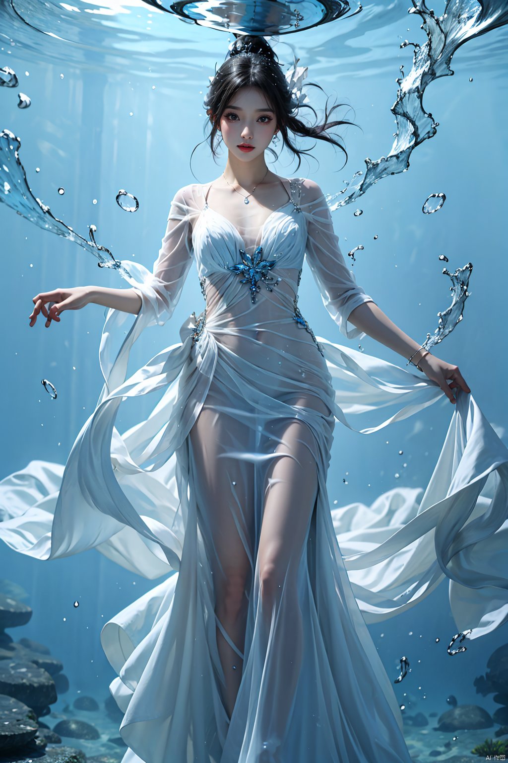 1girl,dress,water drop,water,submerged,underwater,full body