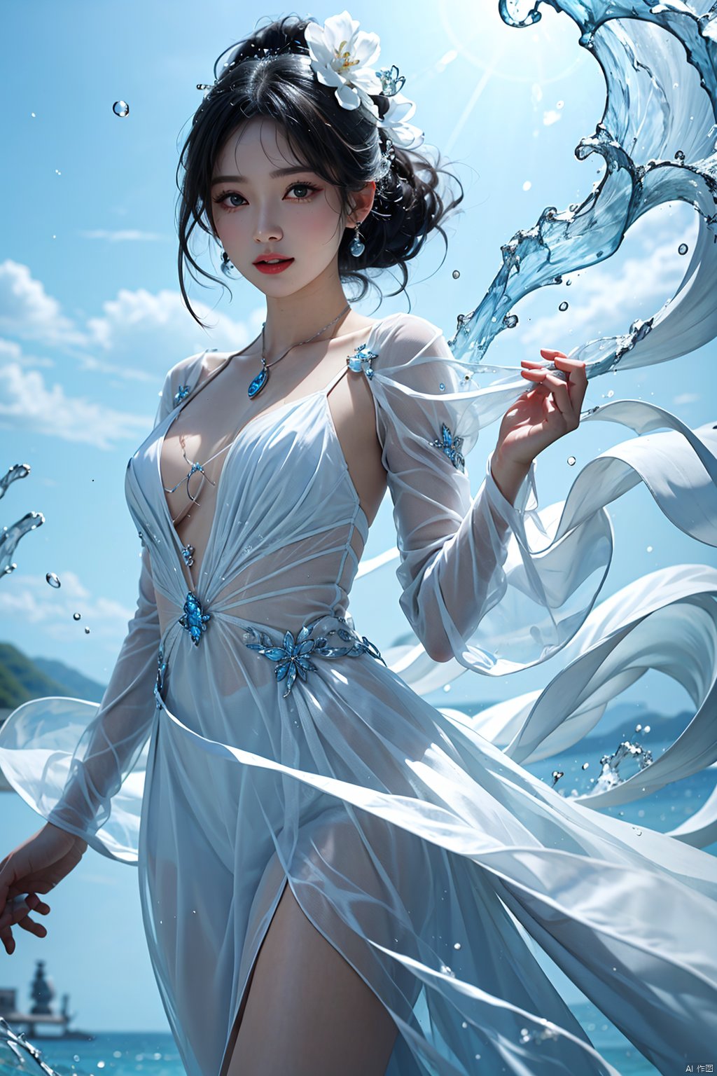 1girl,dress,water drop,water,