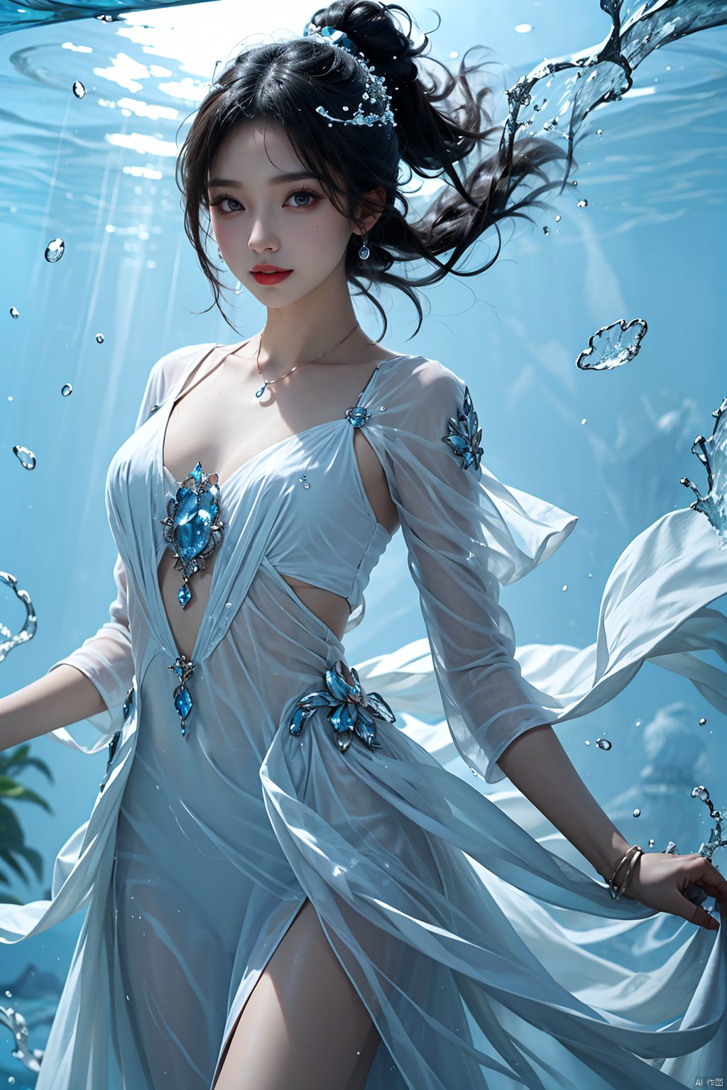 1girl,dress,water drop,water,submerged,underwater,