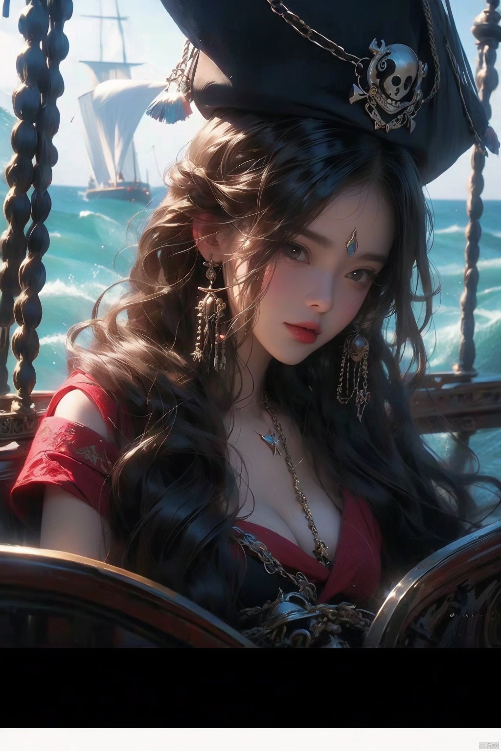 A female pirate, the sea, the ship,chain

