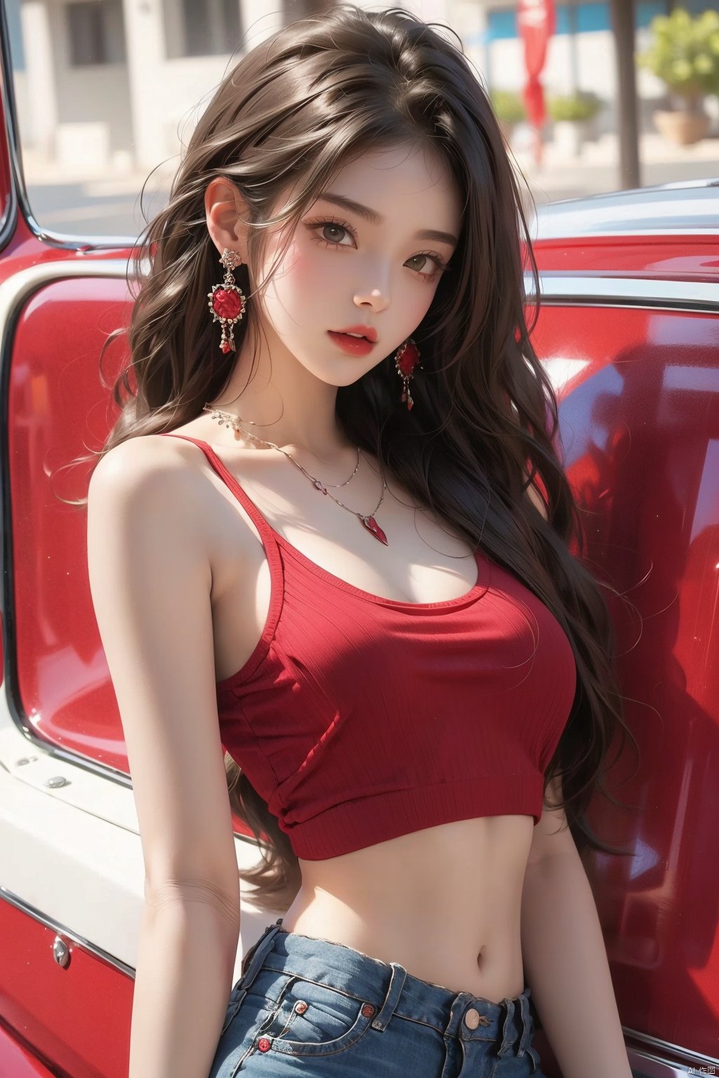 1 girl, red camisole,navel,Upper bodyr,earrings

