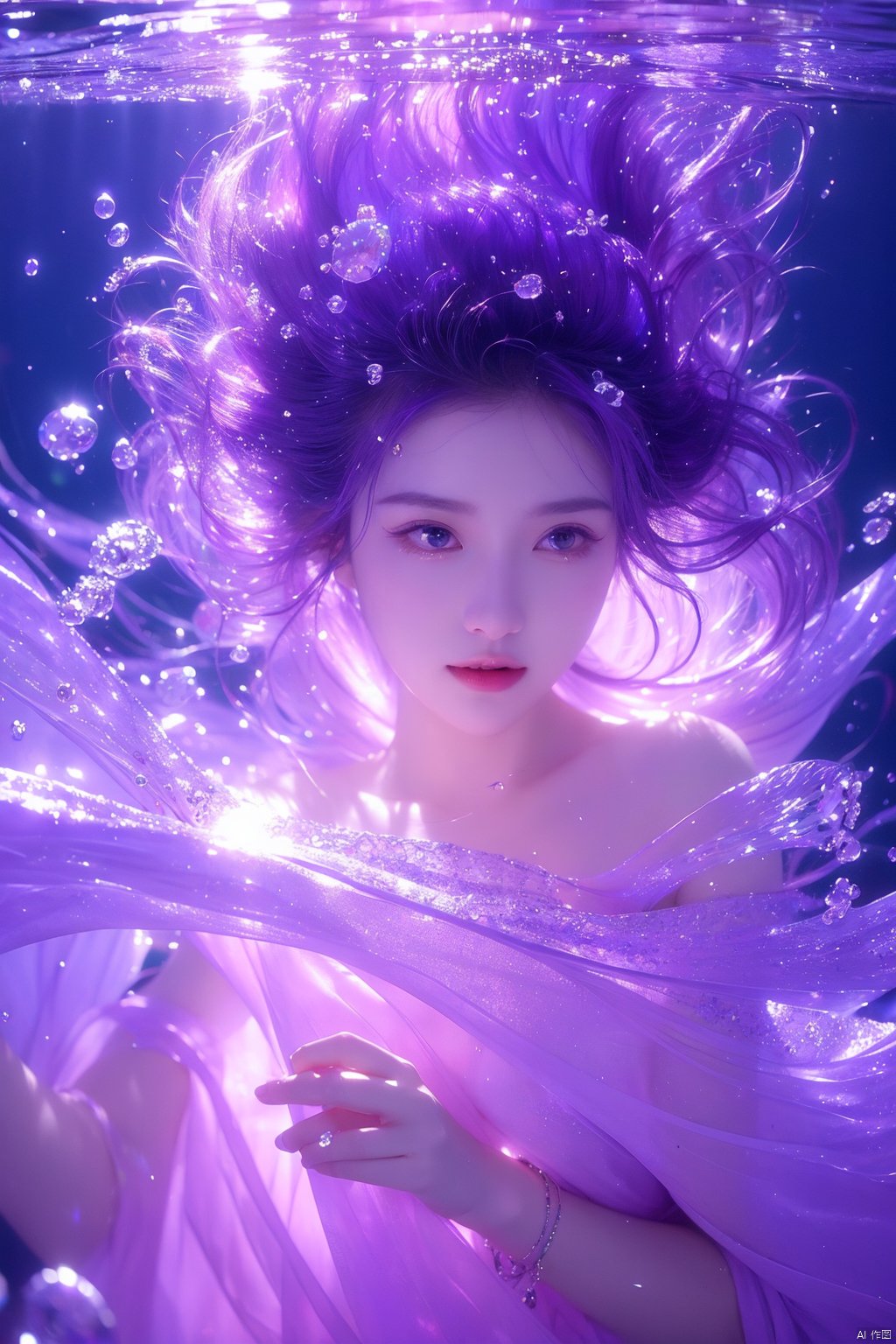  1 girl,(Purple light effect),hair ornament,jewelry,looking at viewer,flower,floating hair,water,underwater,air bubble,submerged

