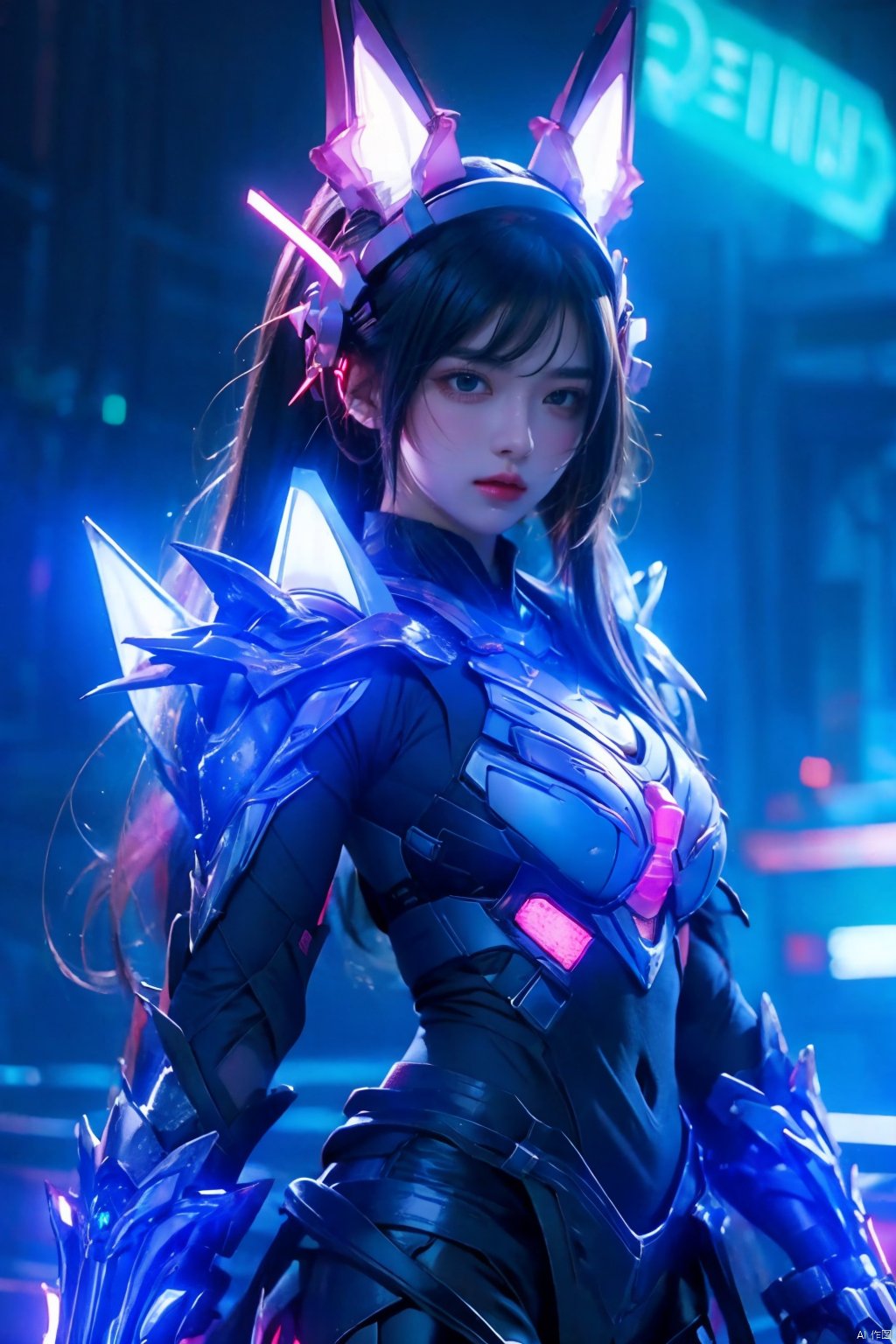  1girl,Armor, neon lights,,Animal ears