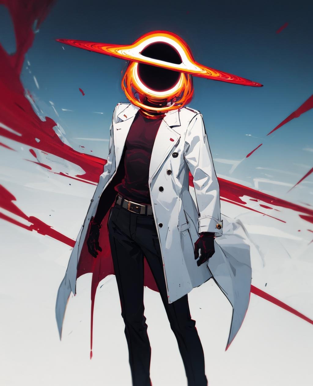 black_hole,solo,shirt,gloves,long sleeves,1boy,standing,male focus,belt,pants,white gloves,coat,mask,black pants,open coat,<lora:black_hole-07:1>,