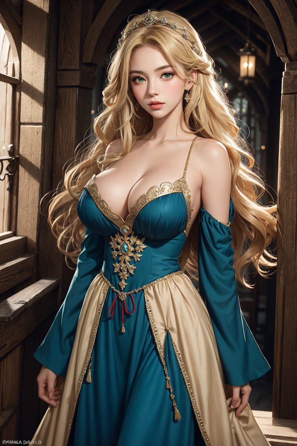 1 girl, beautiful 18 y.o. medieval girl, blonde hair:2, green eyes:1.4, long hair:2, photorealistic:1.4, big breasts:1.3, 16k, wearing historical dress:1.4, open-shoulder:1.4, posing inside a medieval castle, intricate:1.3, ardent:1.3, gentle:1.3, noble:2, royal:2, More Detail,Big bearsts,sophia,beautiful girl