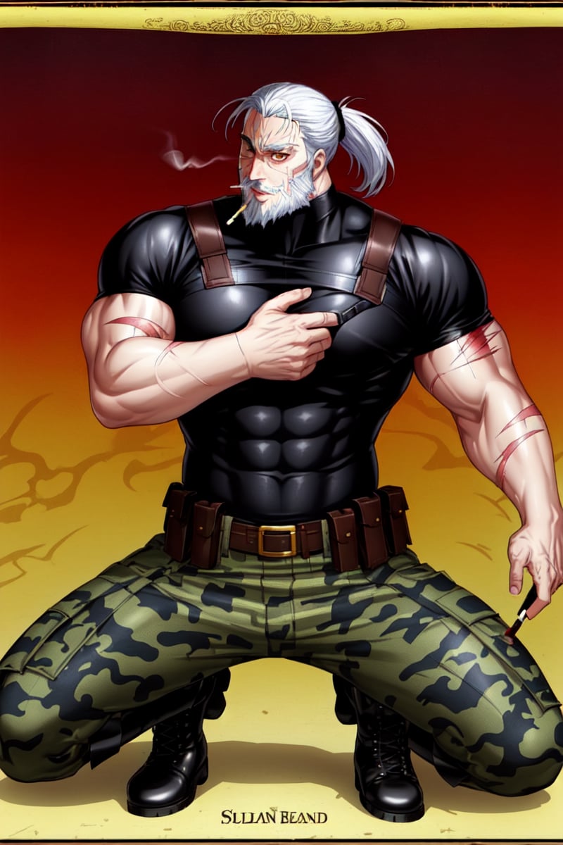 solo, looking at viewer, short hair, shirt, 1boy, 60 years old face, ponytail, white hair, male focus, full body, multicolored hair, belt, Blue camouflage military pants with large wide spots, black shirt, muscular, abundant facial hair, abundant sultan style beard, scar, abs, pectorals, muscular male, bara, beard, scar on face, large pectorals, mature male, mustache, tight, old, harness, old man, biceps, brown chest harness, cigarette in mouth, covered abs, tight shirt, black leather military boots, feet size 42

shiny, traditional media, reflection, mirror, realistic, golden, a very large V engraved on the shield, shield on the right arm, still life





