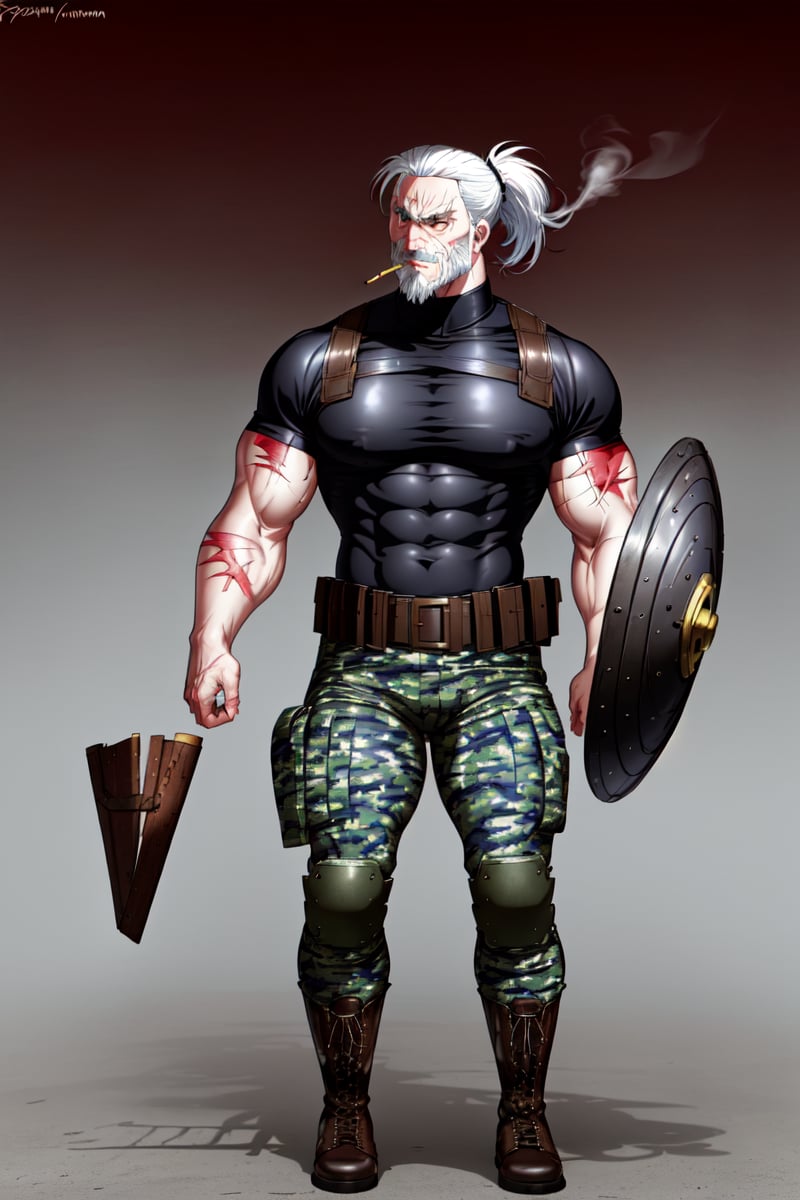 solo, looking at viewer, short hair, shirt, 1boy, 60 years old face, wears a spartan helmet, ponytail, white hair, male focus, full body, multicolored hair, belt, Blue camouflage military pants with large wide spots, black shirt, muscular, abundant facial hair ,protruding veins on the face, crazy face, angry grimace, look at view, scar, abs, pectorals, muscular male, bara, beard, scar on face, large pectorals, mature male, mustache, tight, old, harness, old man, biceps, brown chest harness, cigarette in mouth, covered abs, a single knee pad on the right leg, tight shirt, black leather military boots, feet size 42, standing, He carries a Roman shield on his side on his left arm, spartan shield, shiny, traditional media, reflection, mirror, realistic, golden, a very large V engraved on the shield, attack position