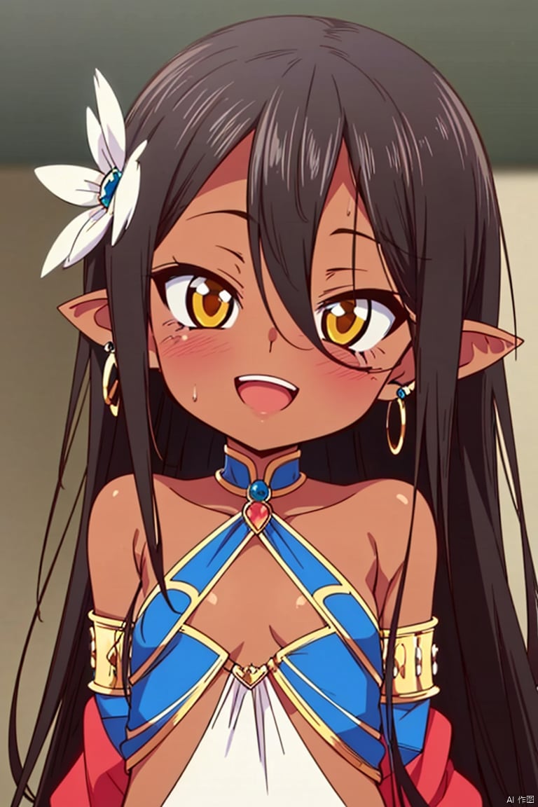 1girl, solo, black hair, pointy ears, flat chest, long hair, jewelry, dark skin, smile, dark-skinned female, yellow eyes, open mouth, detached sleeves, looking at viewer, upper body, earrings, hair ornament, bare shoulders, blush, flower, :d, hair between eyes,  circlet, rose, loli