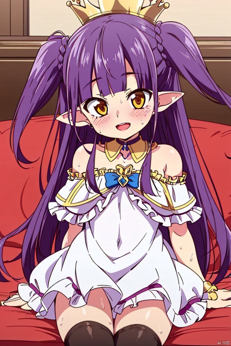 1girl, blush, purple hair, crown, pointy ears, yellow eyes, long hair, open mouth, smile, sweat, flat chest, choker,thighhighs, dress, dress pull, detached collar, jewelry, bow, solo focus, hair ornament, loli, stuffed toy, frills,capelet, two side up