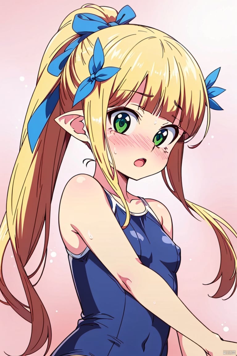 1girl, blonde hair, solo, swimsuit, green eyes, long hair, pointy ears, one-piece swimsuit, hair ornament, school swimsuit, blush, ponytail, ribbon, upper body, pink background, bangs, hair ribbon, blunt bangs, breasts, blue ribbon, open mouth, small breasts, bare shoulders, :o, blue one-piece swimsuit