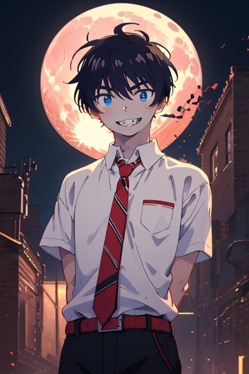 Blue king, Short hair, Black hair, Blue eyes 


Masterpiece, best quality, best hires, 4k,detailed, anime style, from front, upper body , looking at viewer 

BREAK 

1boy,solo,teenager boy, short hair , black hair,intense eyes, blue eyes {red pupils} ,sharper-looking teeth, slightly pointed ears,  flushed cheeks, slender body type, hands behind / arms behind back, expressive pose, (happy_face:1.2)

BREAK

wears {{white shirt, Short sleeves, red necktie, black pants, red boots }} 

BREAK 
Night, red full moon, 

