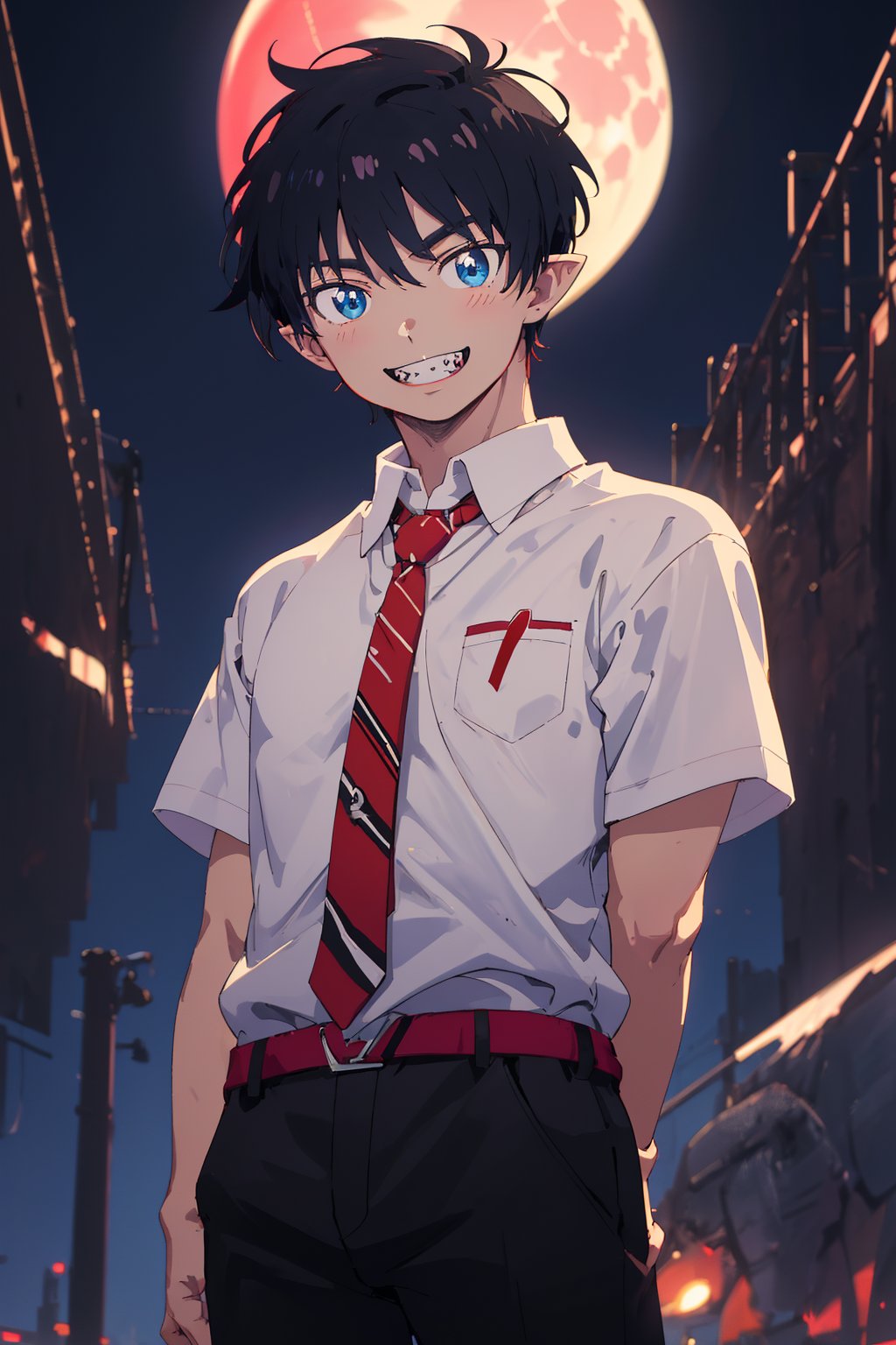 Blue king, Short hair, Black hair, Blue eyes 
ADDCOL 

Masterpiece, best quality, best hires, 4k,detailed, anime style, from front, upper body , looking at viewer 

BREAK 

1boy,solo,teenager boy, short hair , black hair,intense eyes, blue eyes {red pupils} ,sharper-looking teeth, slightly pointed ears,  flushed cheeks, slender body type, hands behind / arms behind back, expressive pose, (happy_face:1.2)

BREAK

wears {{white shirt, Short sleeves, red necktie, black pants, red boots }} 

BREAK 
Night, red full moon, 


