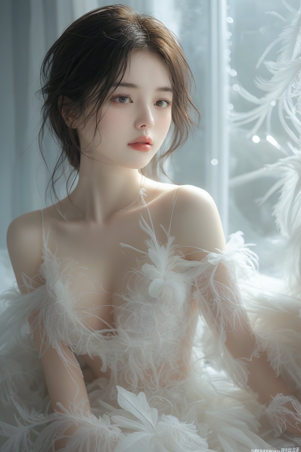 anan,1girl,solo,long hair,brunette,feathers,sitting,black dress,looking up,parted lips,flowers,jewelry,(8K ultra high definition quality, movie texture, ultra high definition resolution, real color, CG picture),(real texture, rich details, delicate skin),