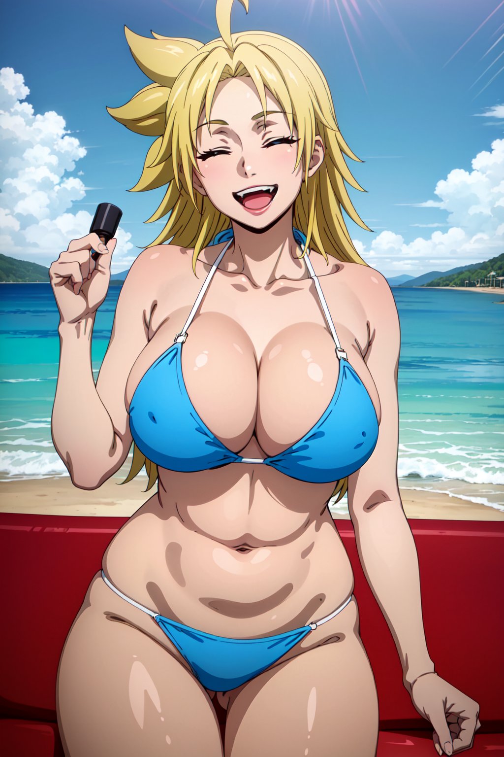 (masterpiece), (best quality), 1girl, Kyouka, blonde hair, spiked hair, long hair, ahoge, blue eyes, (dark_skinned_female), large breasts, curvy, laughing, bikini, eyes closed, looking at viewer, beach