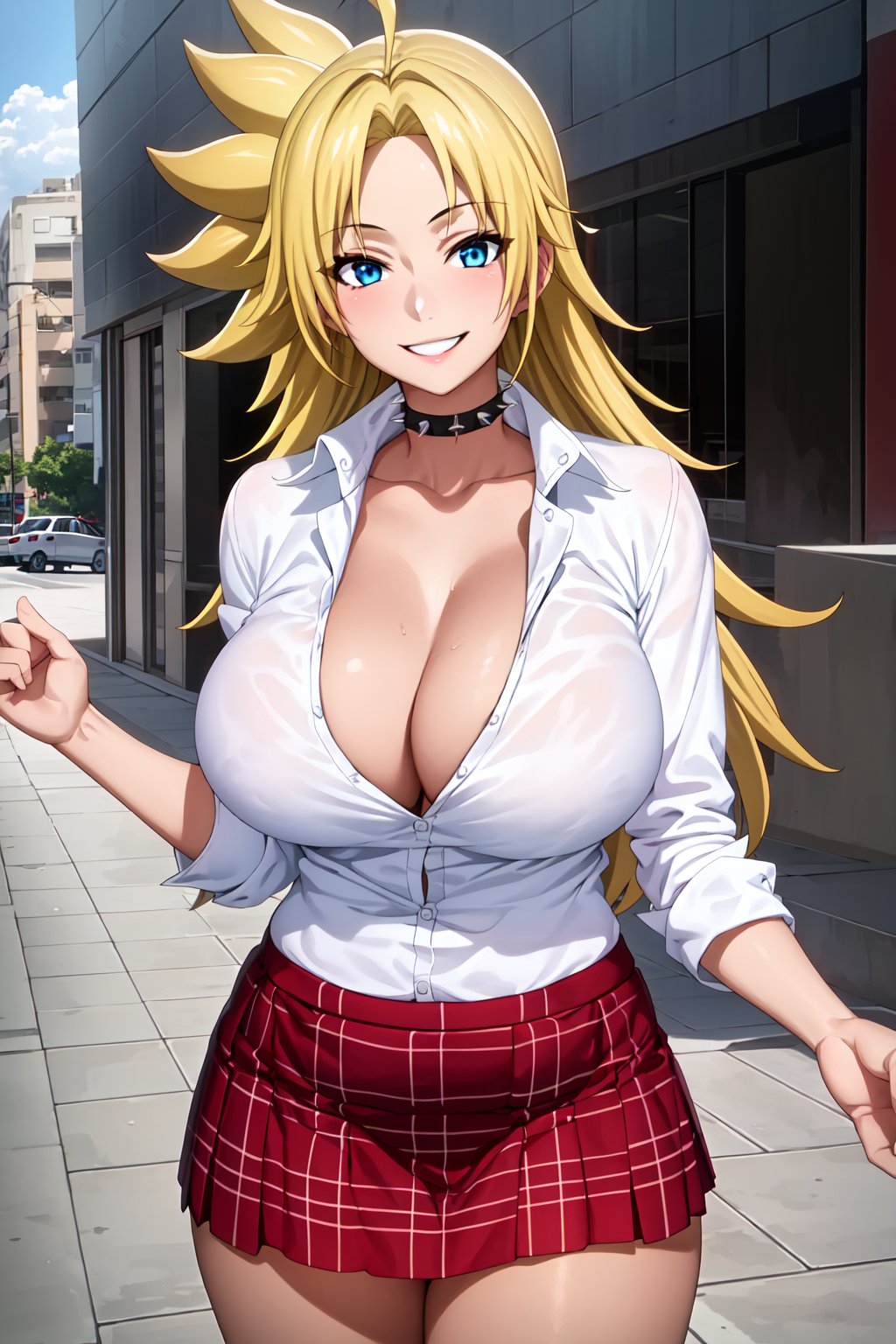 (masterpiece), (best quality), 1girl, Kyouka, blonde hair, spiked hair, long hair, ahoge, blue eyes, (dark_skinned_female), large breasts, gyaru, choker, (white shirt), cleavage, (red plaid skirt), looking at viewer, smiling, outdoors