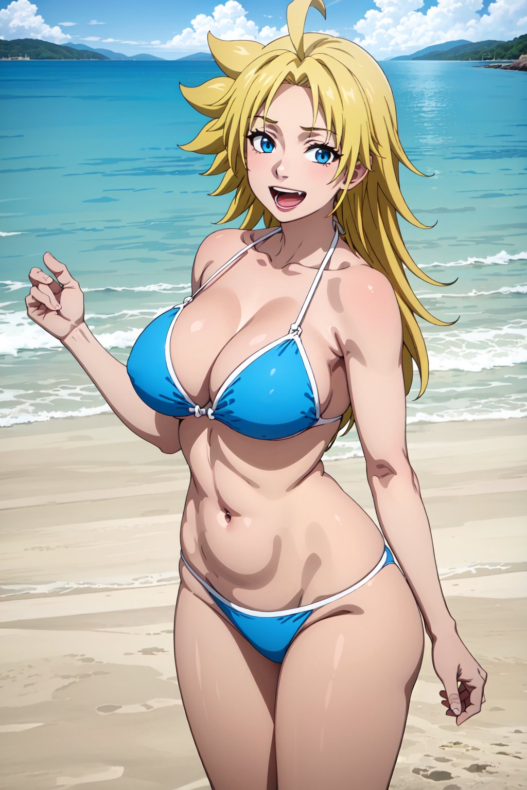 (masterpiece), (best quality), 1girl, Kyouka, blonde hair, spiked hair, long hair, ahoge, blue eyes, (dark_skinned_female), large breasts, curvy, laughing, bikini, looking at viewer, beach