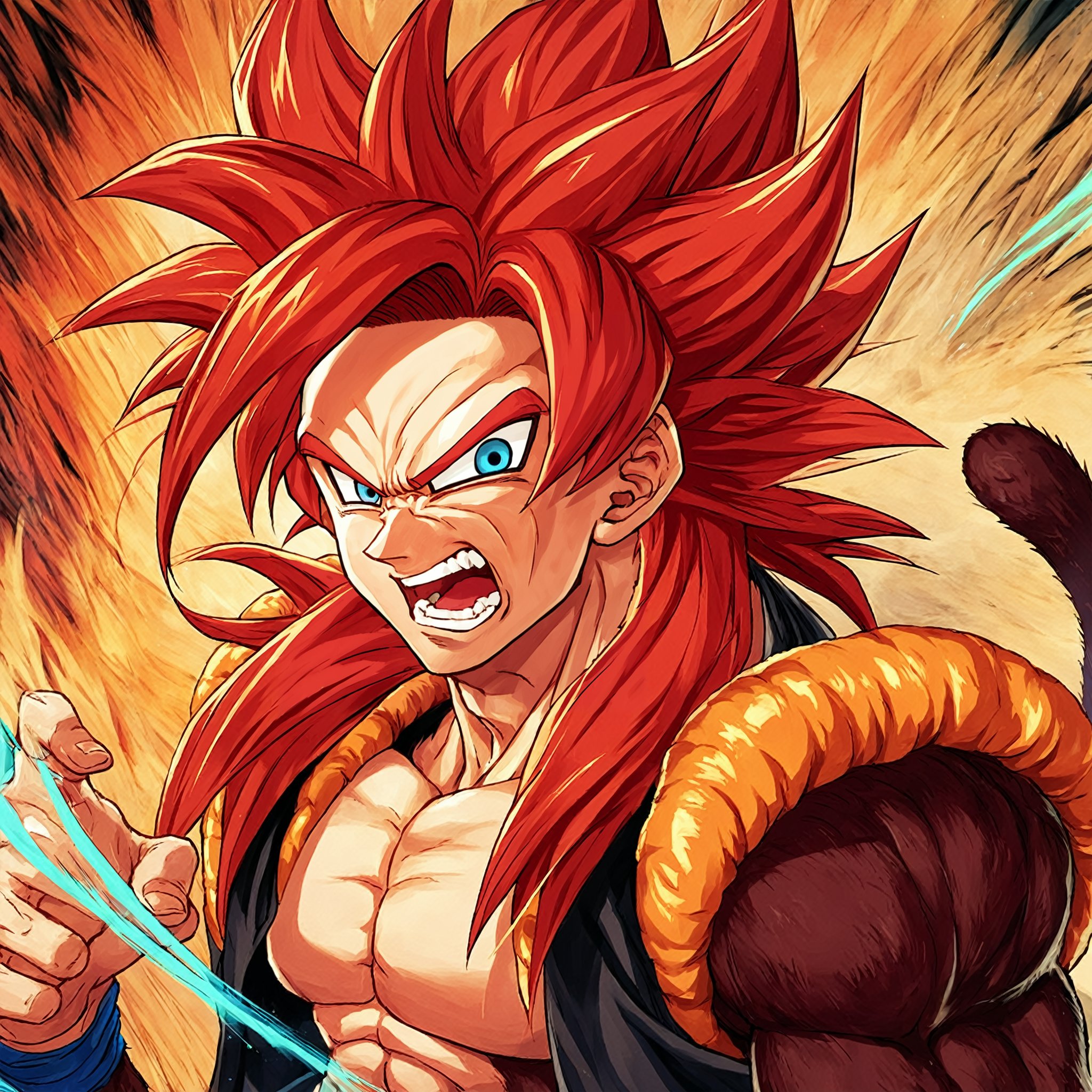 score_9, score_8_up, score_7_up, score_6_up, score_5_up, score_4_up, gogeta_ssj4, super saiyan, red hair, blue eyes, body fur, spiked hair, monkey tail, solo, muscular male, aura, ki, abstract art, portrait, scream, open mouth, teeth, angry,   source_anime,  rating_questionable, 


