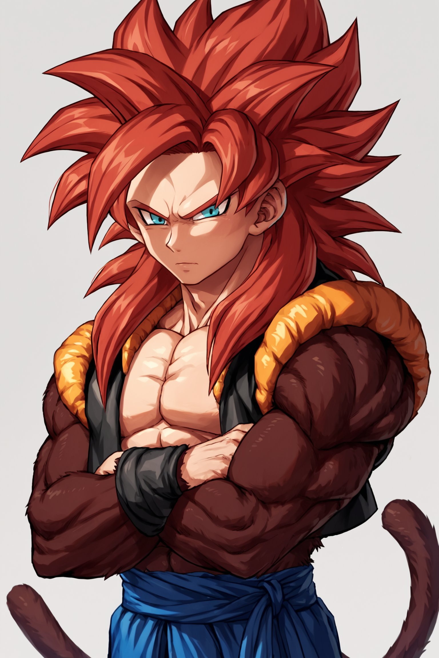 score_9, score_8_up, score_7_up, score_6_up, score_5_up, score_4_up, gogeta_ssj4, super saiyan, red hair, blue eyes, body fur, spiked hair, monkey tail, solo, muscular male, arms_crossed, looking_at_viewer, source_anime,  rating_questionable, 


,score_9_up