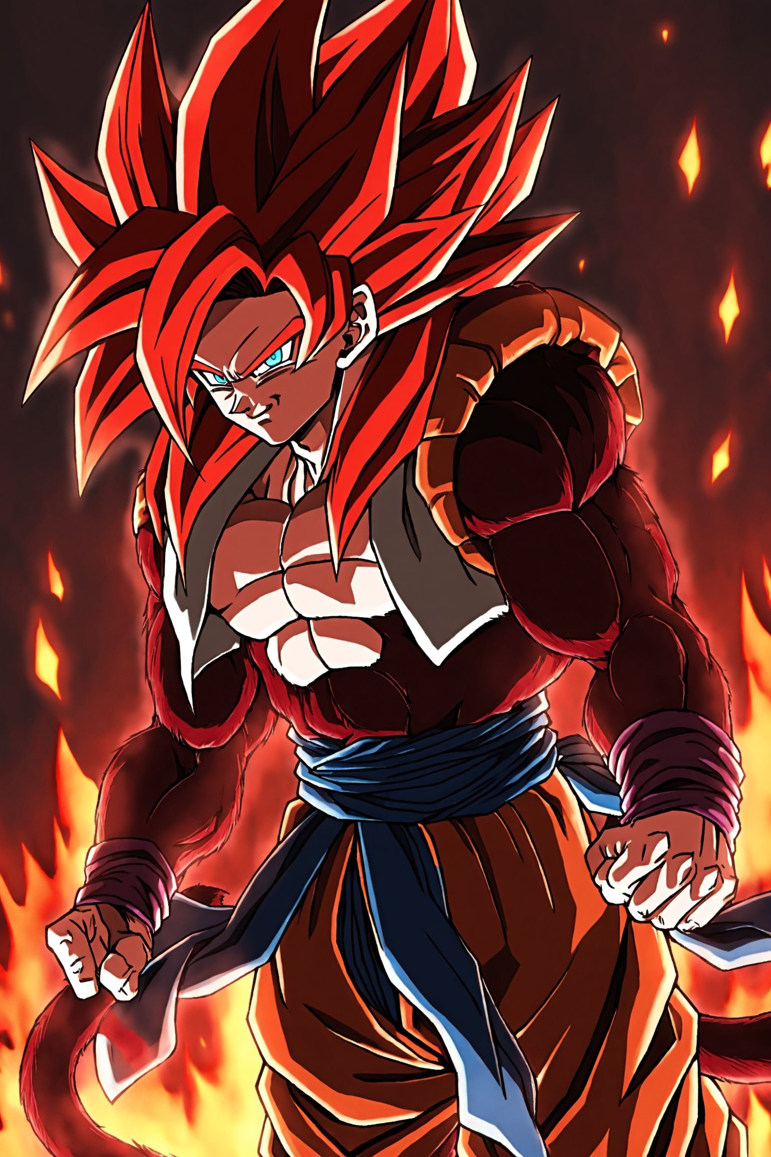  gogeta_ssj4, super saiyan, red hair, blue eyes, body fur, spiked hair, monkey tail, solo, muscular male, (aura:1.2), 


