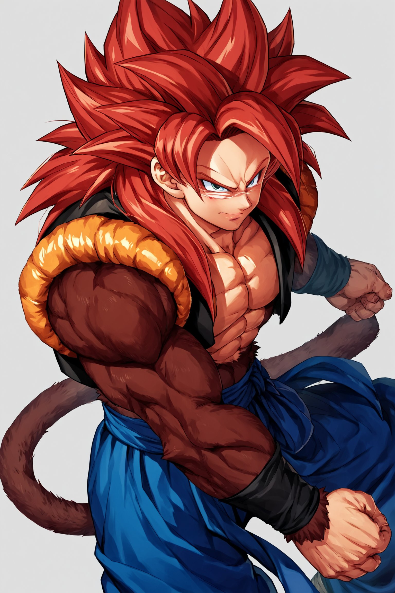 score_9, score_8_up, score_7_up, score_6_up, score_5_up, score_4_up, gogeta_ssj4, super saiyan, red hair, blue eyes, body fur, spiked hair, monkey tail, solo, muscular male, source_anime,  rating_questionable, 


