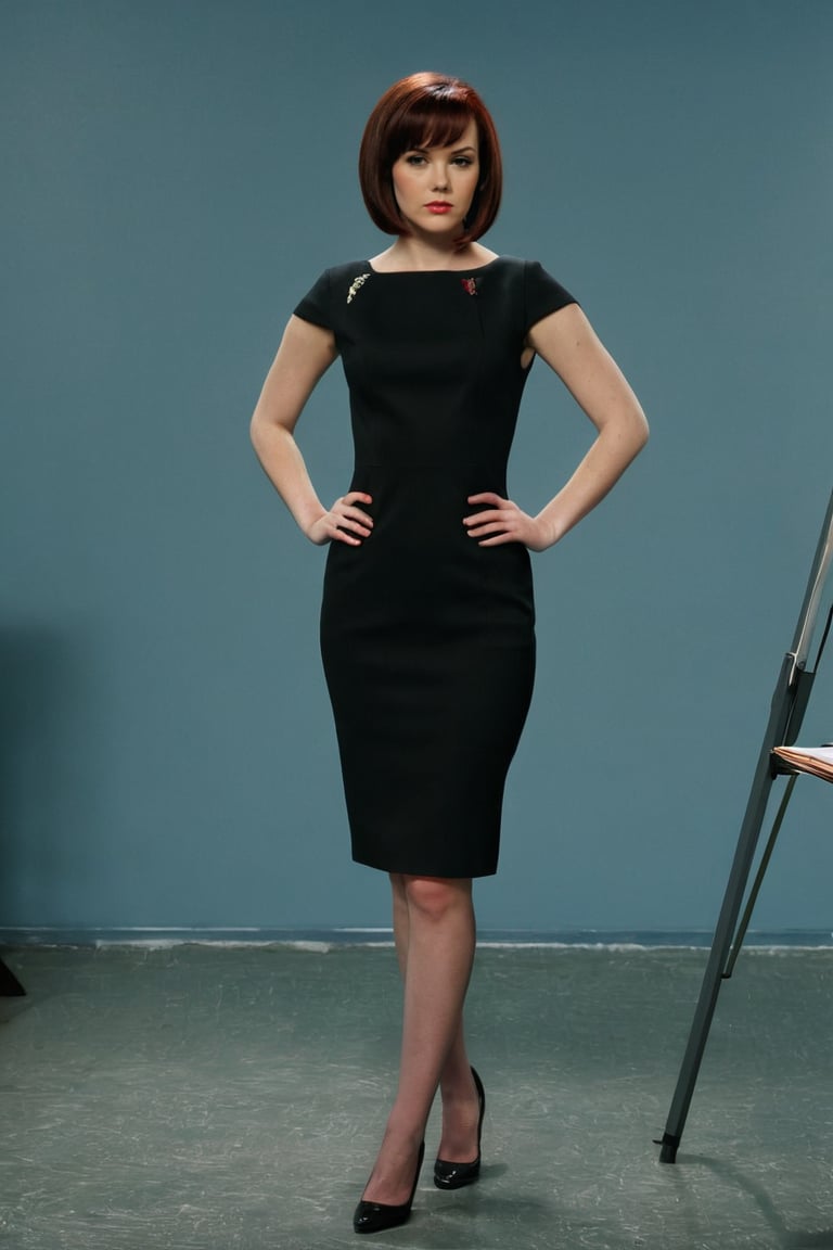 full body photo of ohwx woman dark red hair, bob cut, in the classroom, ((serious)), (wearing office black dress, tight:1.2), sharp focus, 8k, studio lighting, photo realistic, highly detailed, canon R5, 50mm focal length, f/5.6
