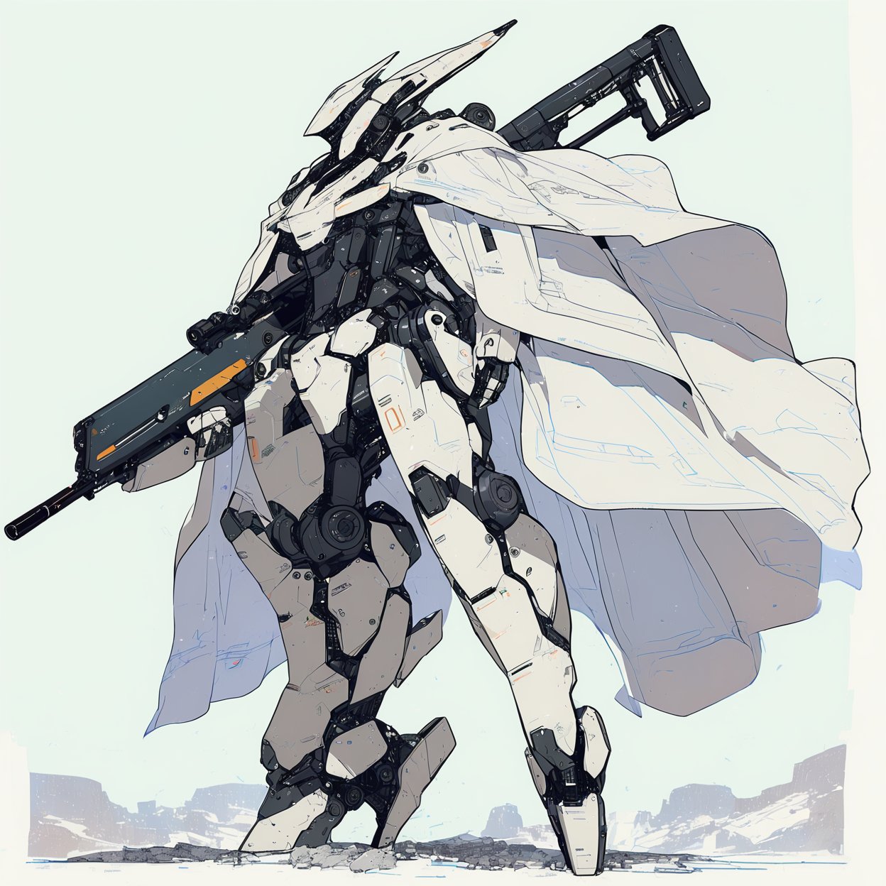 robot, rough sketch, flat color, illustration, weapon, no humans, gun, holding weapon, holding, solo, science fiction, holding gun, cape, standing, white cape, clenched hand, cloak, rifle, full body, sniper rifle, looking ahead,
,masterpiece, best quality,