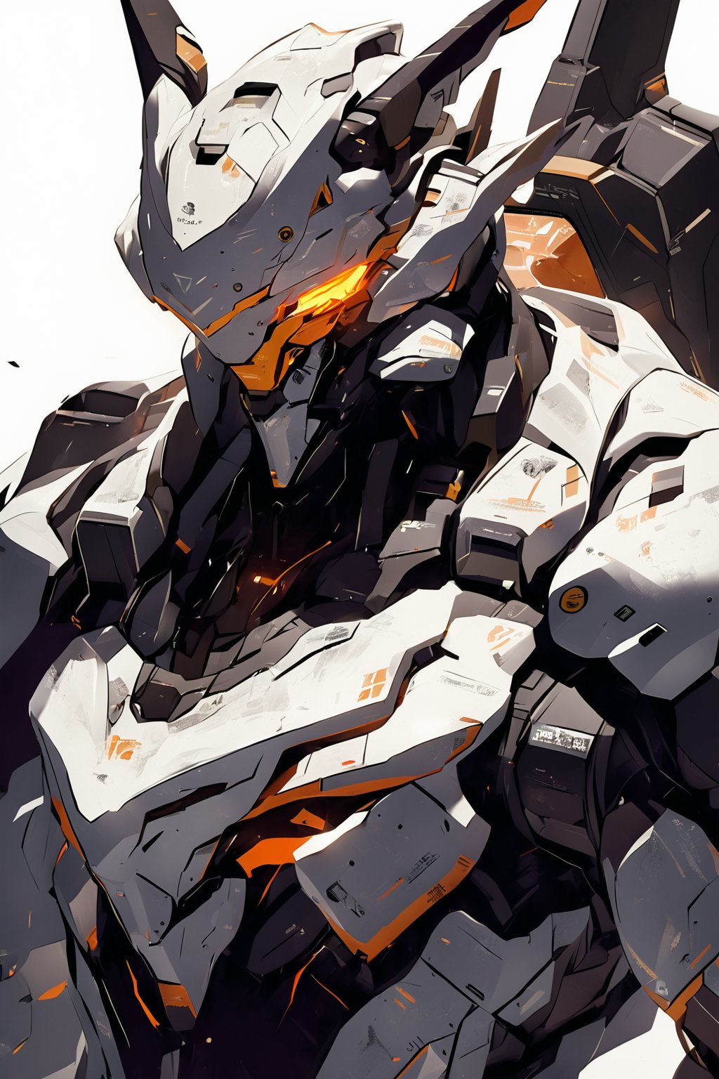robot, rough sketch, helmet, upper body, looking at viewer, white background, science fiction, glowing, orange eyes, no humans, simple background,  glowing eyes, power armor, horns
,masterpiece, best quality,