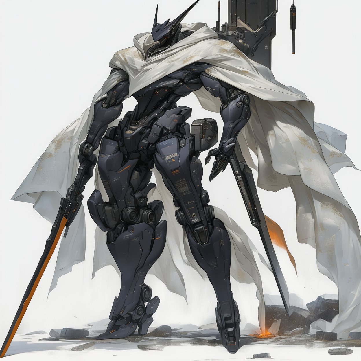robot, rough, weapon, sword, holding, holding weapon, holding sword, solo, no humans, science fiction, cape, white background, standing, armor, simple background, white cape, cloak, torn clothes, 1boy, open hand, glowing, horns, feet out of frame
,masterpiece, best quality,