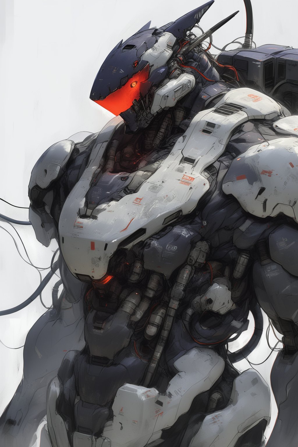 robot, rough sketch, no humans, science fiction, cable, red eyes, solo, white background, damaged, upper body, mechanical parts, armor, from side, glowing eyes, glowing eye, dirty, wire
,masterpiece, best quality,